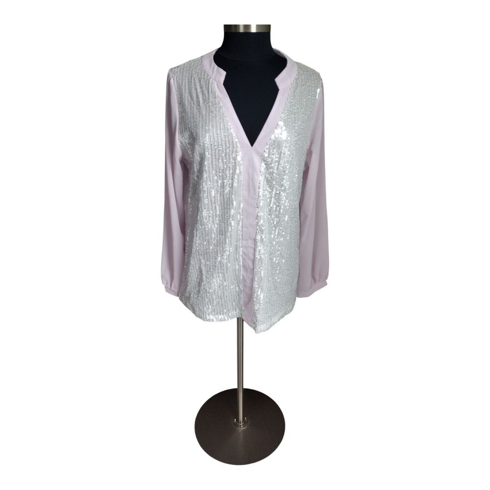 Sheilay Women’s Pink Silver Sequin Long Sheer Sleeve V-Neck Blouse XXL SEE Note